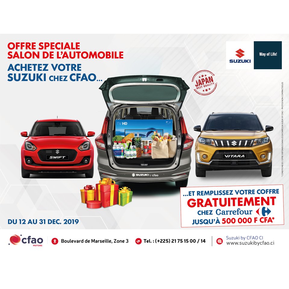 [Offre Spéciale Salon de l'Auto d'Abidjan] Jusqu'au 31 décembre, achetez votre votre #Suzuki chez CFAO Motors et remplissez votre coffre gratuitement chez #Carrefour. 

#SuzukiByCFAO #SAA2019 #SalonAutoAbj2019 #civ225 #civ #autoMoto