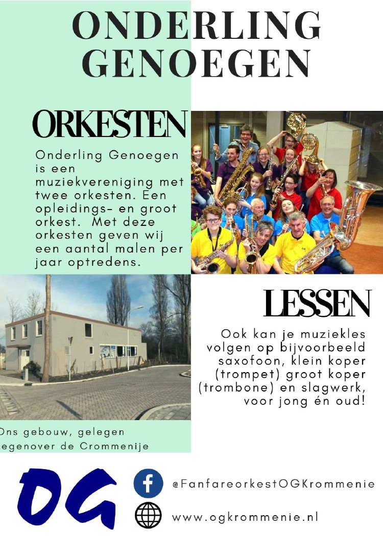 Vanaf januari starten we met twee muziekcursussen voor leerlingen van de basisschool onderbouw, de Muziekspeeltuin" en voor de bovenbouw "Intro instrumenten". Kijk op de flyer voor alle informatie of ogkrommenie.nl <a href="/NHDZaanstreek/">NHD Zaanstreek</a> <a href="/DeOrkaan/">De Orkaan</a> <a href="/OrkestZ/">OrkestZ</a>