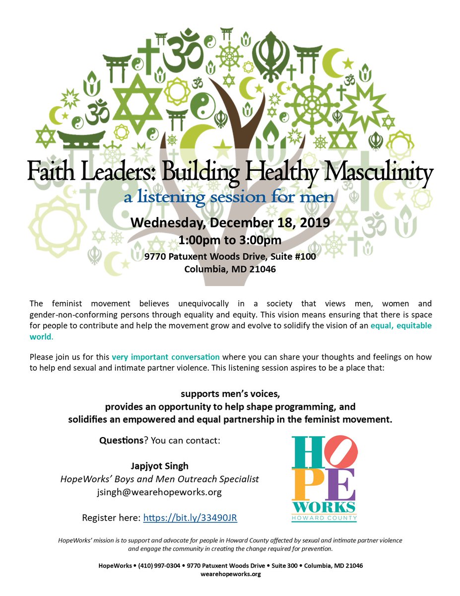 Has your life, as a man, been influenced by faith or spirituality? Have you wondered how others have come view to masculinity through their religious traditions? 

Please join us next week for our next Men's Listening Session where we explore masculinity through faith.