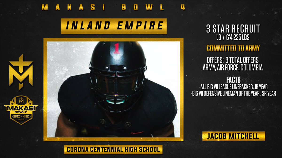 TeamMakasi's tweet photo. 3⭐️ Army Commit Jacob Mitchell (Centennial HS) who also holds offers from Air Force &amp; Columbia will represent the Inland Empire in the Makasi Bowl 4 SDvsIE. Jacob is one the top Defensive of lineman in the IE. Makasi Bowl 4 🔥🔥🔥 Saturday Dec 21st don’t miss out! #MakasiBowl4 https://t.co/KtzCWETjVe