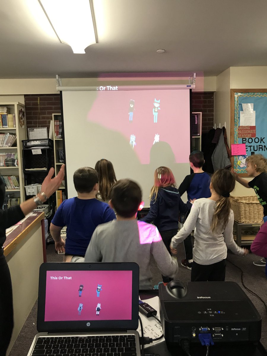 Students in the ⁦<a href="/CpsmithL/">CPSmith Library</a>⁩ warming up with some dance moves before creating their own dance party ! #HourofCode2019 #vted #bsdlearns
