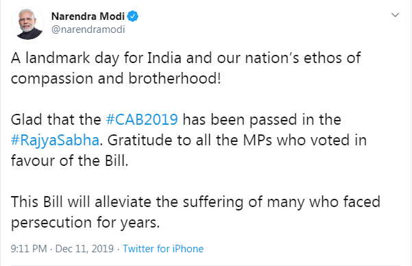 PeoplesGovIN's tweet photo. A landmark day for India! @narendramodi 

Congrats to all for another Historical wrong corrected. 
#CAB2019 #CitizenshipAmmendmentBill2019 #IndiaSupportsCAB https://t.co/8MOVNEs8AN