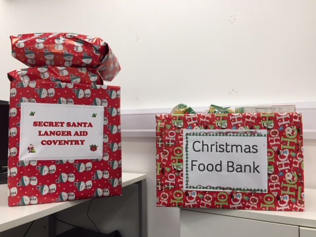We're not sharing gifts with each other this year, and instead we've been collecting contributions for the Stratford-upon-Avon food bank and Secret Santa gifts for Dean's charity <a href="/LangarAid/">Langar Aid</a> in Coventry.  Well done team for the amazing haul for a very worthy cause.