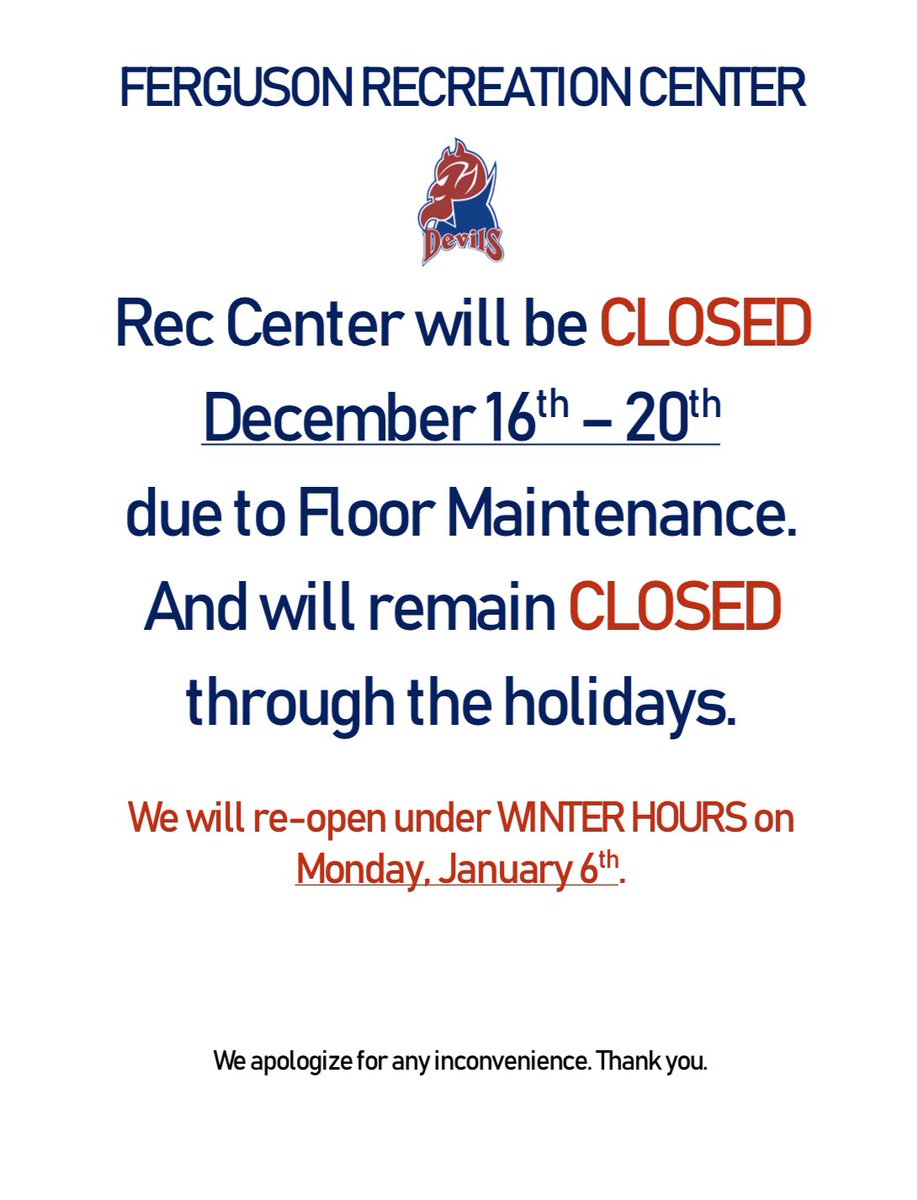 FDURec's tweet photo. 🚨Rec Center Update🚨

Starting next Monday December 16th,the Ferguson Rec Center will be closed due to Maintenance and remain closed through the Holidays. 

Reopening under WINTER HOURS Monday, January 6th. https://t.co/pOeXzCTG4y