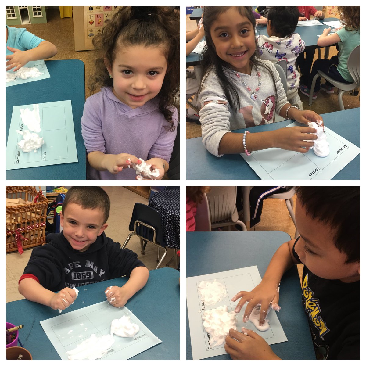 HammelJill's tweet image. After reading Clouds by Anne Rockwell and adding information to our O-W-L chart, our #FullDayK scientists loved sculpting cumulus, stratus, and cirrus clouds out of shaving cream and describing how these clouds bring different types of weather! ☁️#ScienceELA #SensoryScience
