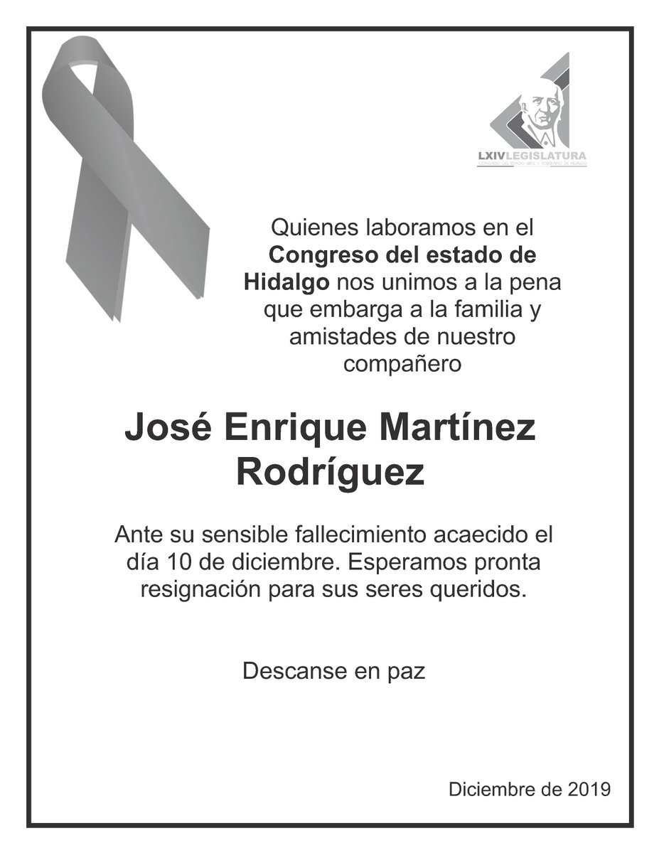 Quienes laboramos en el Congreso del estado de #Hidalgo nos unimos a la pena que embarga a la familia y amistades de nuestro compañero José Enrique Martínez Rodríguez.

Descanse en paz.