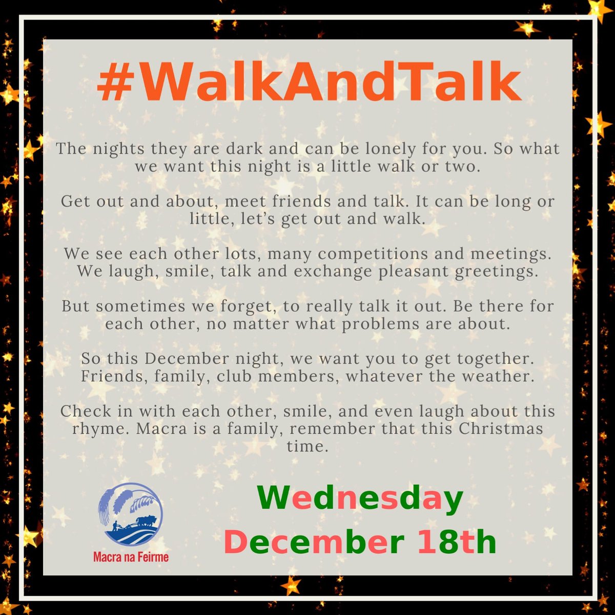 Join Meath Macra on December 18th in Trim for their #WalkAndTalk :) There are walks happening at 8pm, starting at the Trim Castle Entrance and at the Green in Athboy :) Come along for the banter and to get those steps in #LookAfterYourself #WinterWellness