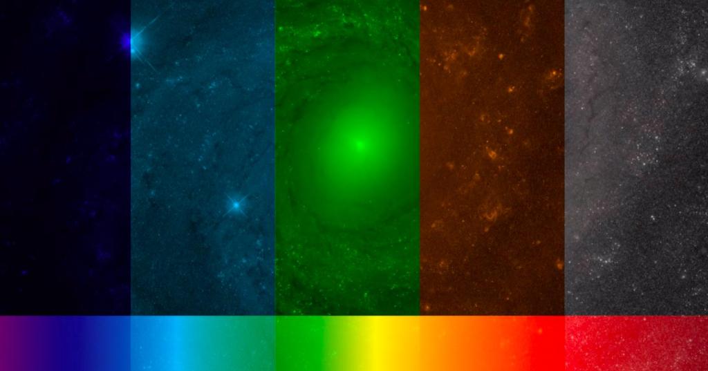 A light spectrum (rainbow) superposed over a galaxy.