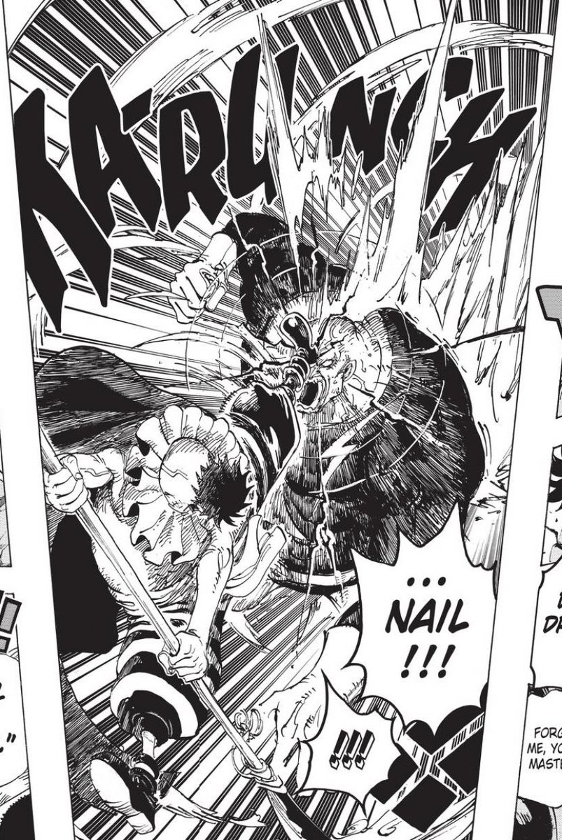 Stabdout Panel - The kicks though, wow. The cracking effect is reminiscent of Whitebeard’s power. I love the shockwave look as it cracks through Lao G and the way Don’s legs form a strong line of action even in the midst of all the spiral/tunnel shape.  #OPGrant