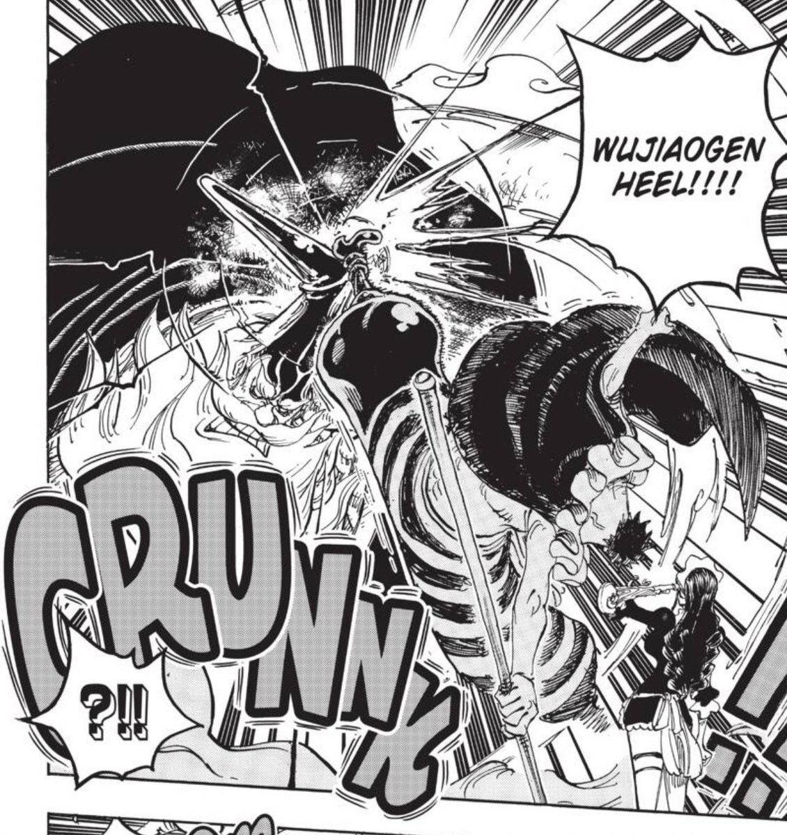 Stabdout Panel - The kicks though, wow. The cracking effect is reminiscent of Whitebeard’s power. I love the shockwave look as it cracks through Lao G and the way Don’s legs form a strong line of action even in the midst of all the spiral/tunnel shape.  #OPGrant
