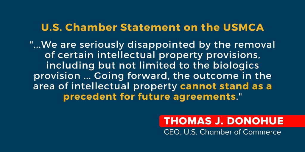 We are seriously disappointed by the removal of certain IP provisions from the USMCA ...These are disappointing outcomes for American innovators &amp; creators, &amp; must not stand as a precedent for future agreements. More from <a href="/uschamber/">U.S. Chamber</a> CEO Tom Donohue: uschamber.com/press-release/…