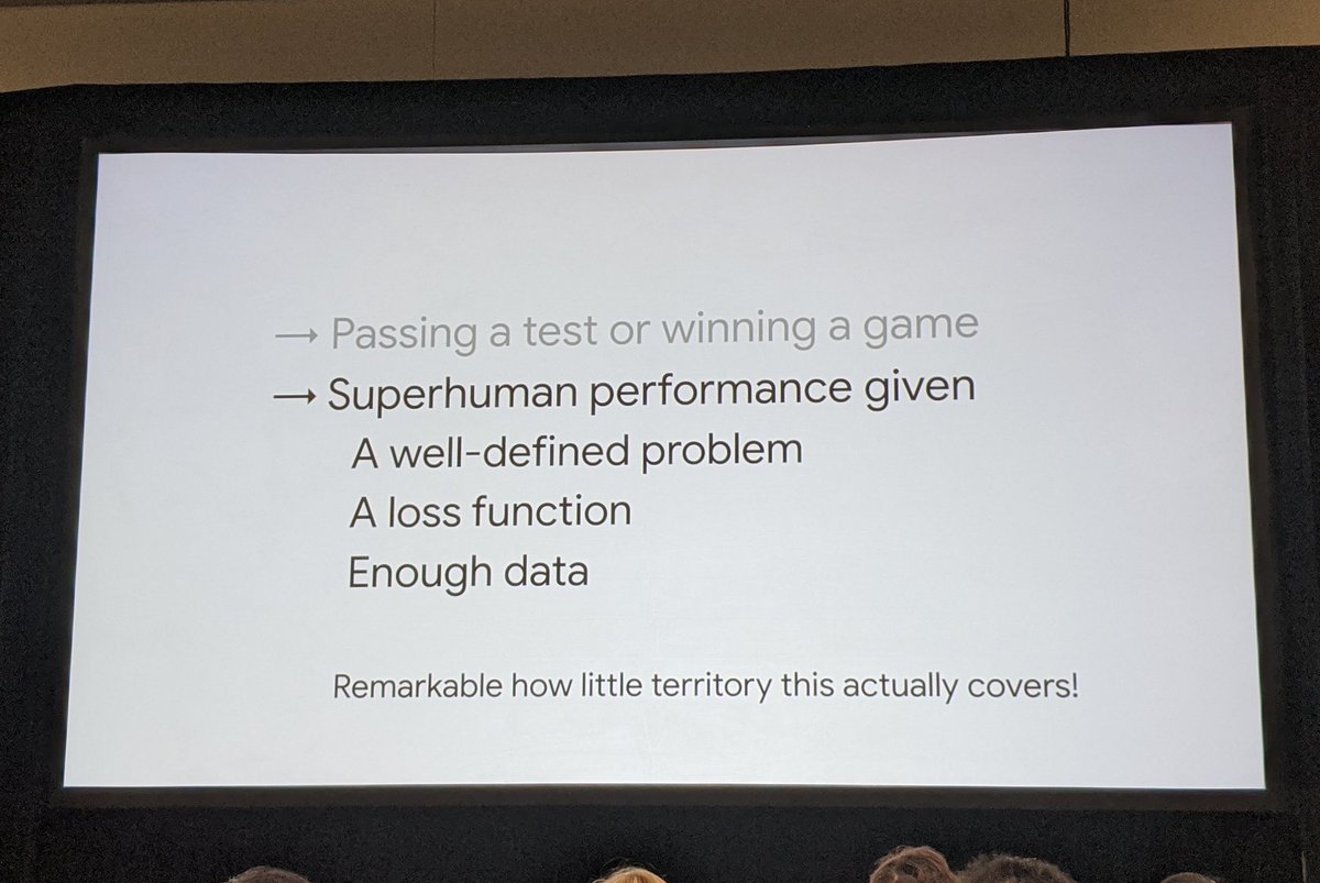 Passing a test or winning a game
Super human performance given:
- a well-defined problem
- loss function
- enough data

Remarkable how little territory this actually covers!