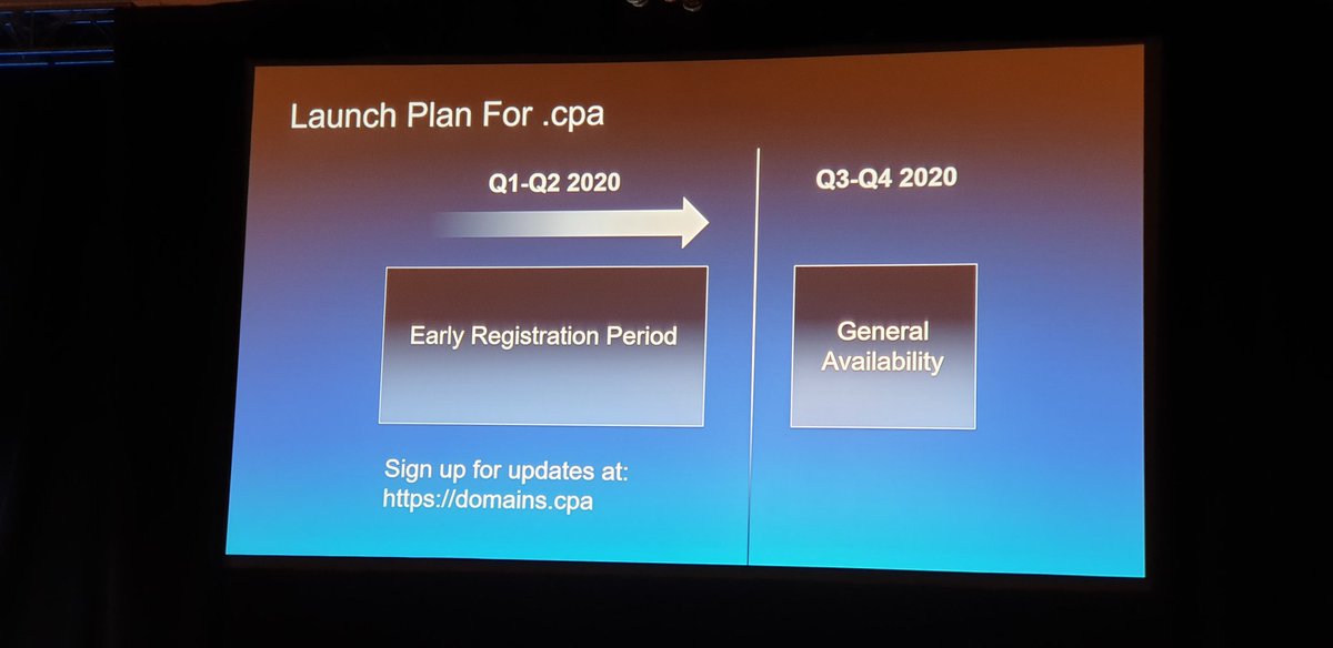 Wow ! <a href="/CPAcom/">CPA.com</a> crée en 2020 le domaine ".cpa" pour les professionnels du chiffre 😍 !!
#DCPA19
<a href="/CSOEC/">CNOEC 🚀</a> <a href="/CNCC_audit/">CNCC</a> <a href="/OECParis/">OECParis</a> <a href="/CRCCParis/">CRCC de Paris</a> <a href="/LLab50/">LeLab50</a> <a href="/CJEC_IDF/">CJEC Île-de-France</a> <a href="/ECA_YoungTeam/">ECA_YoungTeam</a>