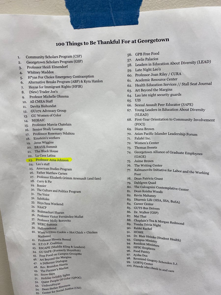 Came into work to find this taped to my door. Thrilled to be on students' list of 100 Things to be Thankful for at Georgetown. We see you, students, and we are thankful for you, too.