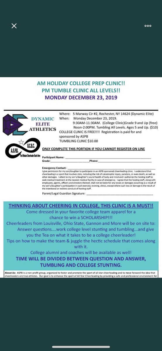 secV_cheertalk's tweet photo. If anyone’s looking to work over break, there is a clinic that would be great for you!! All info is on this flyer :) https://t.co/zvixXxku3G