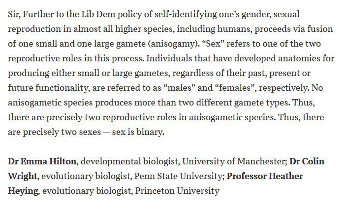 The original text submitted to The Times was slightly longer. Here it the longer version in one handy tweet. @SwipeWright  @HeatherEHeying Sexual reproduction in almost all higher species, including humans, proceeds via fusion of one small and one large gamete (anisogamy).