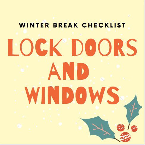 ruoffcampus's tweet photo. Remember to lock all of your doors and windows before the last person leaves your room, house or apartment for the break! Come pick up light timers at our office if you do not have any. https://t.co/AYuWnhBg8x