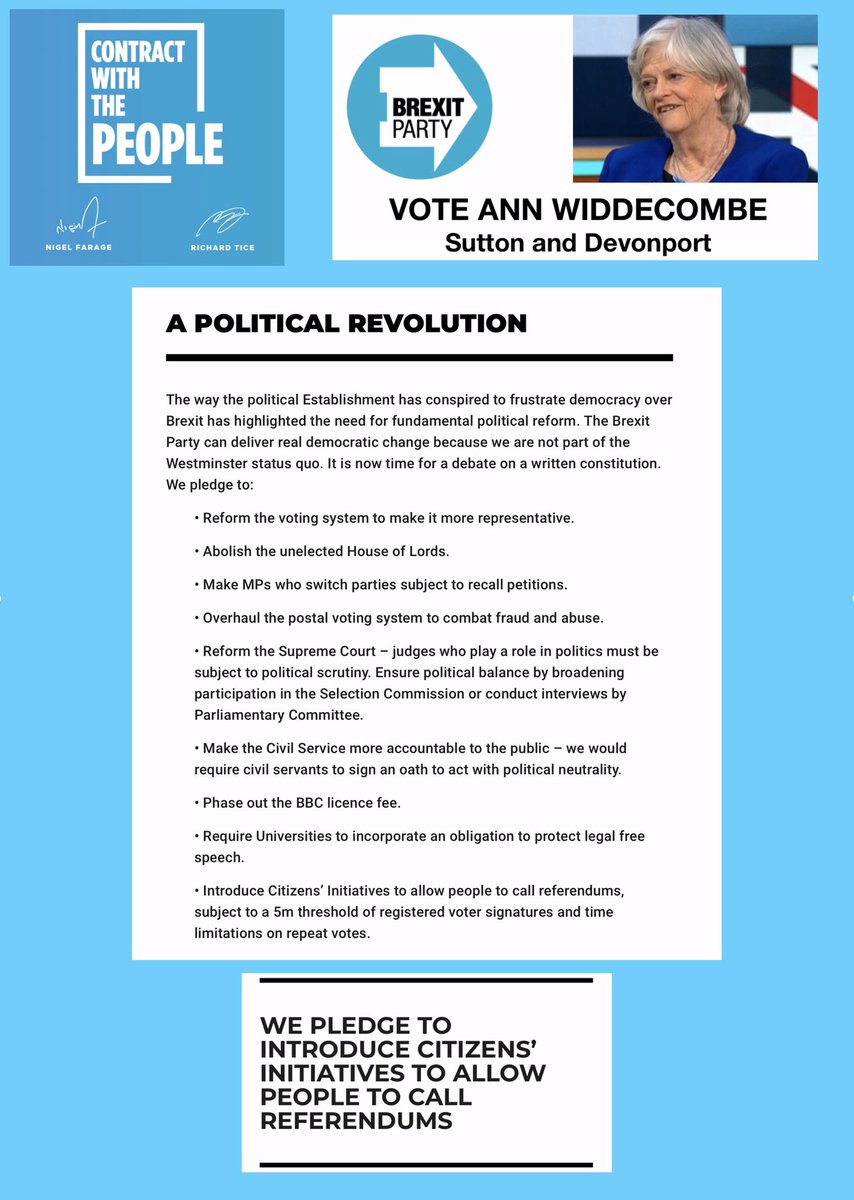 @josebaattard @PlymouthGreens @PlymouthLabour @PlymouthLibDems @PlymTories The Brexit Party has a contract with the people, we do not like the word manifesto as it is full of broken promises, here is a link to the full contract, also a post of the political reform that needs to be changed.

thebrexitparty.org/contract/