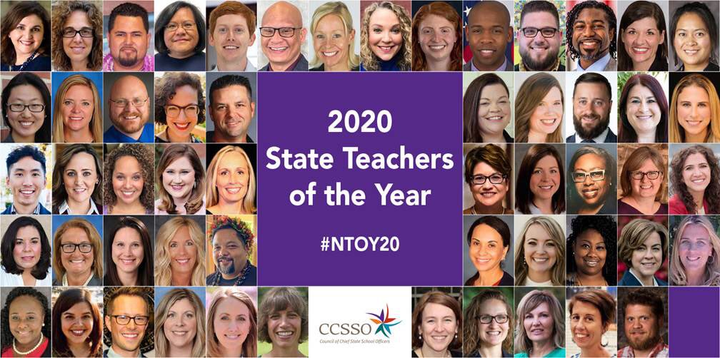 THIS.JUST.IN! The 2020 State Teachers of the Year have been announced, find out who represents your state on <a href="/CCSSO/">CCSSO</a>’s #StatesLeading blog bit.ly/3473khL. #NTOY20!
