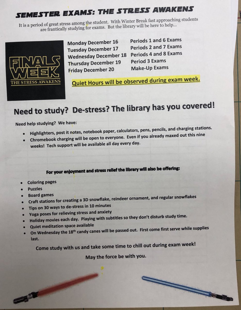 The library is ready to go for exam week!  Check out the schedule and be sure to stop in and study with us. #SemesterExams #Exams