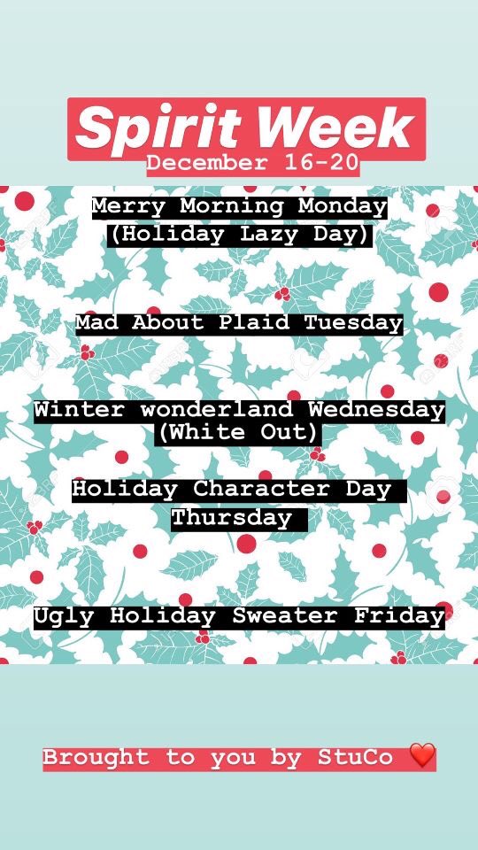 MW_Stuco's tweet photo. 🚨 Spirit week 🚨 
December 16-20
Monday-Holiday lazy day!❄️
Tuesday- Mad about plaid! 🏁
Wednesday-Winter Wonderland(White out)🥼
Thursday- Holiday character day☃️
Friday-ugly sweater!🧶 https://t.co/CdBOBkr09m