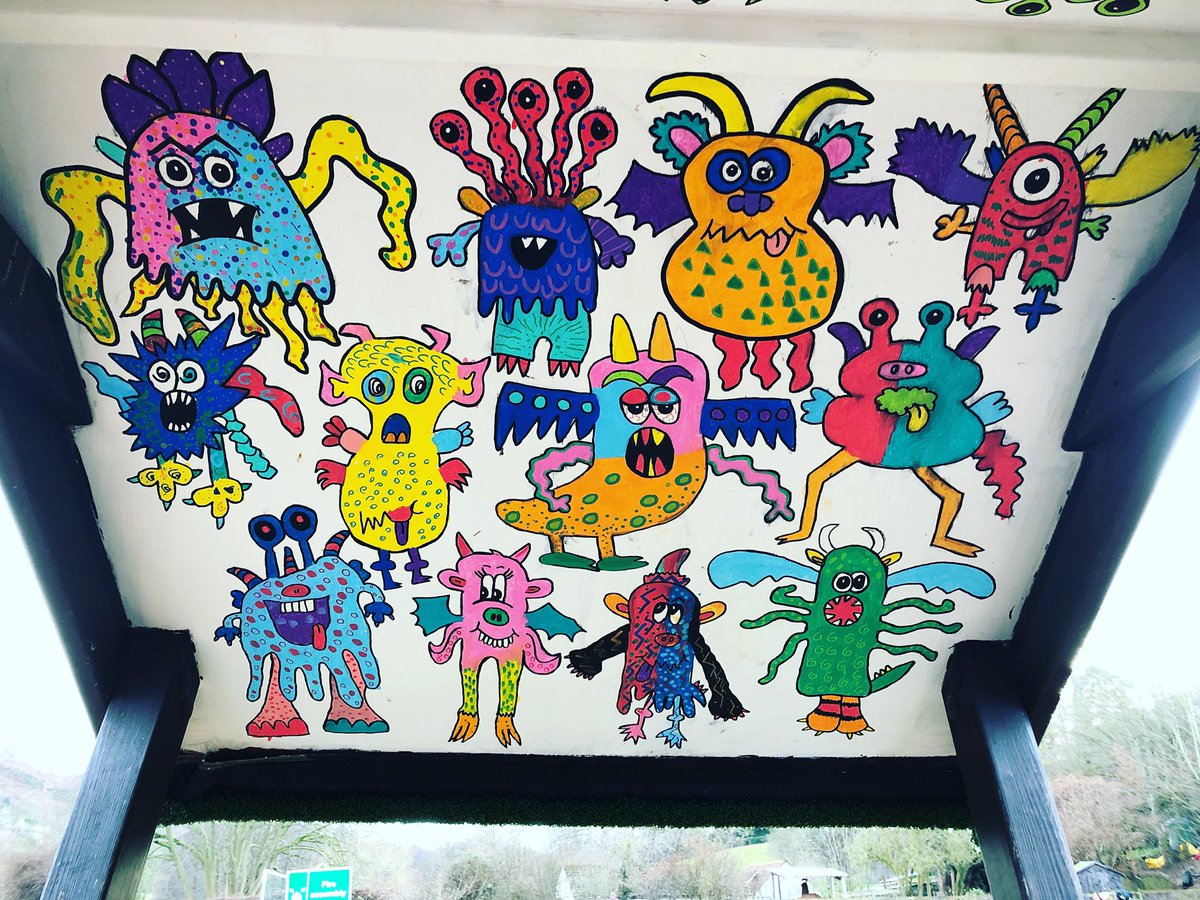 sarah_delahoy's tweet photo. Another playground mural complete @GoodrichCESch. Year 3 worked collaboratively to create each character and everyone had their turn to add colour and lots of imaginative detail to a monster in the hut! Well done Year 3. https://t.co/hg0m2EwOMm