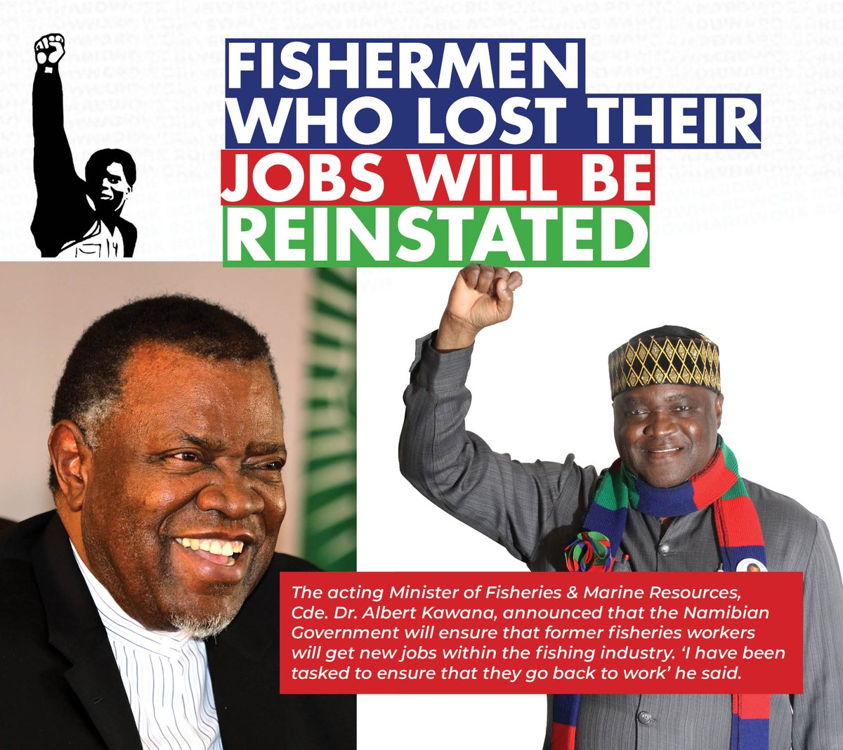 SWAPONamibia's tweet photo. Fishermen who lost jobs will be reinstated.
The acting Minister of Fisheries, Cde. Dr. Albert Kawana, announced that Government will ensure that former fisheries workers will get new jobs. ‘I have been tasked to ensure that they go back to work’ he said.
#OnlySWAPO https://t.co/ZHutfnlWVf