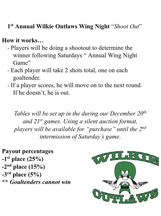 WilkieOutlaws's tweet photo. Spread the word folks!! Make some quick cash before Christmas. Gonna be a fun night. Buy your favorite player, and absolutely verbally assault the other ones, we can take it. https://t.co/QzacUfbCJR