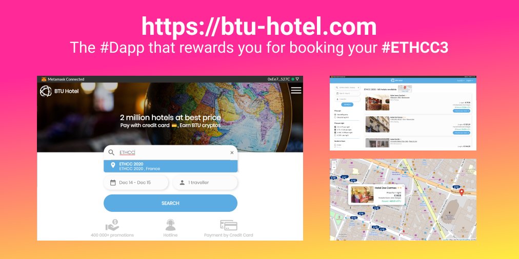 Attending or lecturing at #Ethcc3 #Paris ?
Use the #BTUHotel #Dapp to book your hotel at best price around @EthCC_ venue.
Visit btu-hotel.com OR use @BTUDirect mobile #dappbrower btu.app.link/twitter