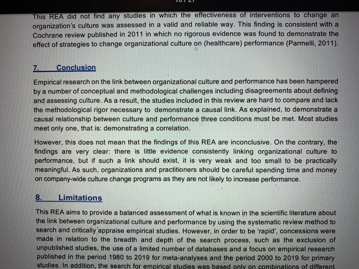 vive_work's tweet image. Is there a link between culture and company performance? @CenterforEBMgt latest summary says no: “the findings are very clear: there is little evidence ..linking culture to performance.. be careful spending time and money on company wide culture change programmes” #culture