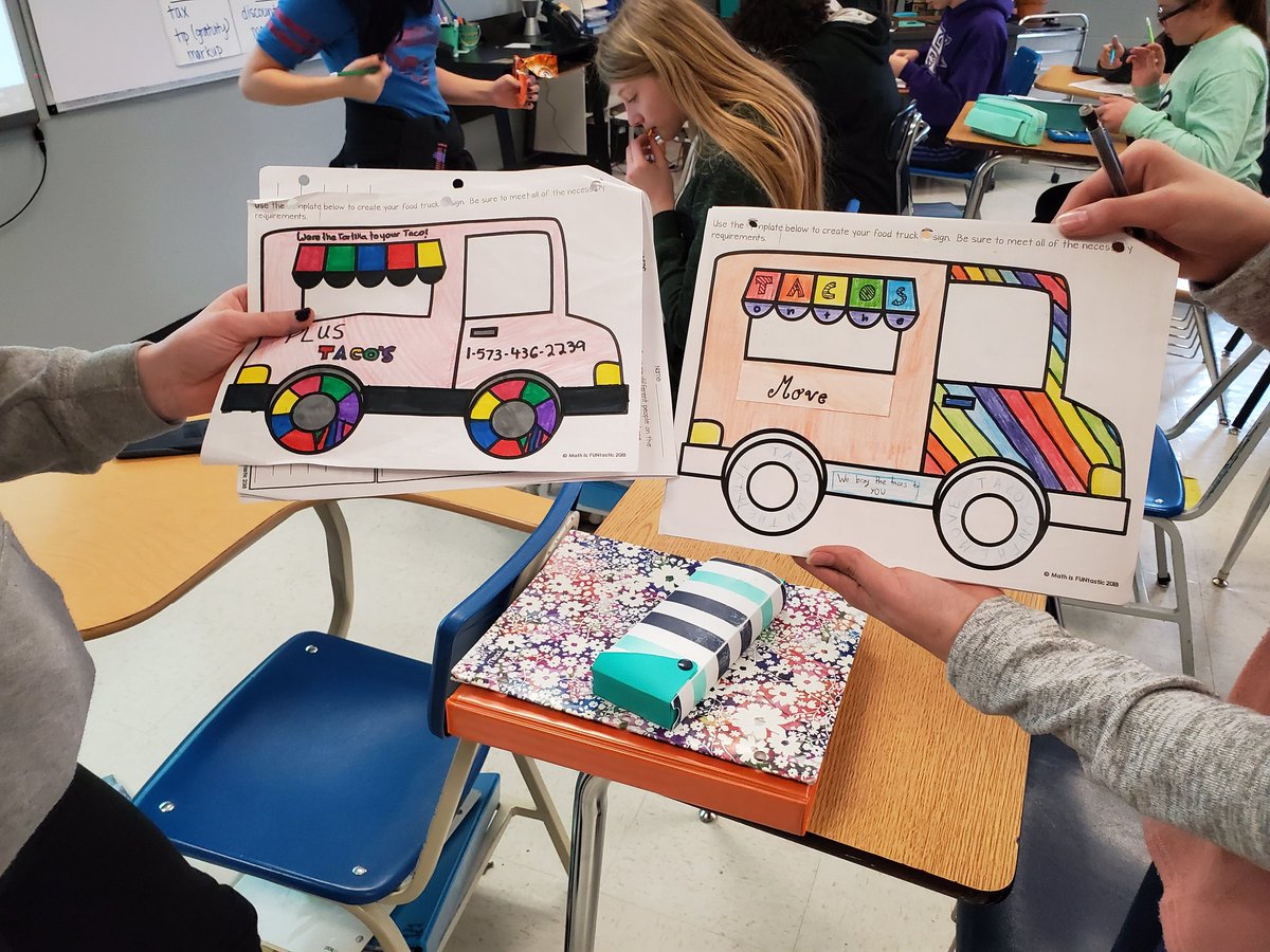 MrsCraneMIZ's tweet photo. Today in math students are taking orders from customers with their Taco Food Trucks! This project is to practice using percentages in real life situations (tax, discounts, markups, etc). #HVlearn @HallsvilleR4 https://t.co/agO2K0lbfs