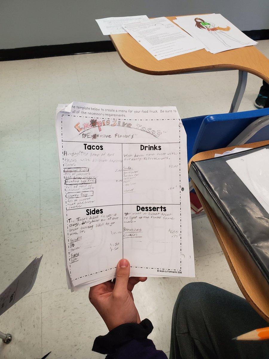 MrsCraneMIZ's tweet photo. Today in math students are taking orders from customers with their Taco Food Trucks! This project is to practice using percentages in real life situations (tax, discounts, markups, etc). #HVlearn @HallsvilleR4 https://t.co/agO2K0lbfs