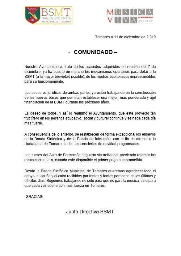 BSTomares's tweet photo. COMUNICADO
 
Restablecemos de forma excepcional los ensayos de la Banda Sinfónica y de la Banda de Iniciación, con el fin de ofrecer a la ciudadanía de Tomares todos los conciertos de navidad programados.
@Tomares_es 
@jl_sanzpp 
@eloycarmona 
@canalsur 
@CanalSurRadio 
@ETomares https://t.co/oX4QYEthq8