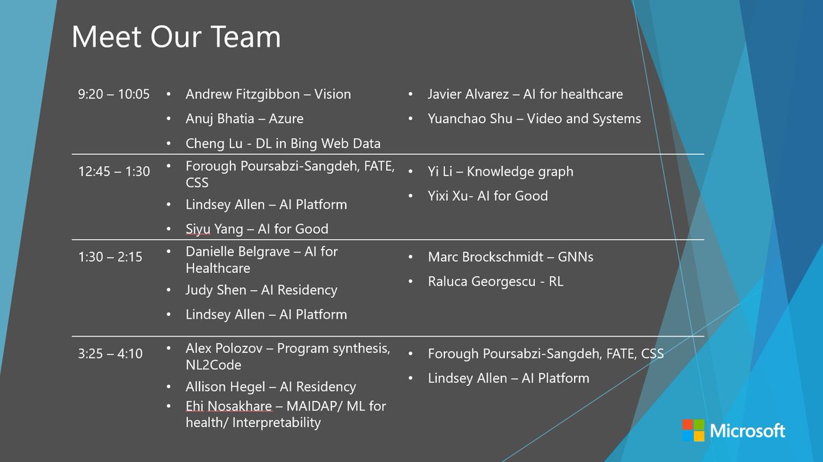 List of researchers who will be at the Microsoft booth today at NeurIPS 2019
