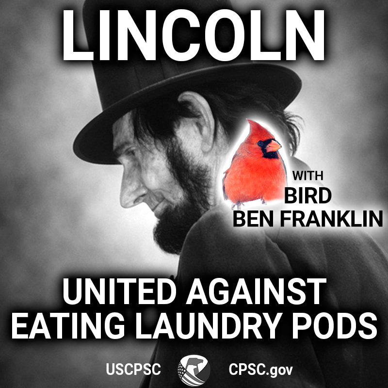 A picture of a person pretending to be abraham lincoln with a red robin on their shoulder who is ben franklin but transformed into a bird. The text reads: Lincoln. United against eating laundry pods.
