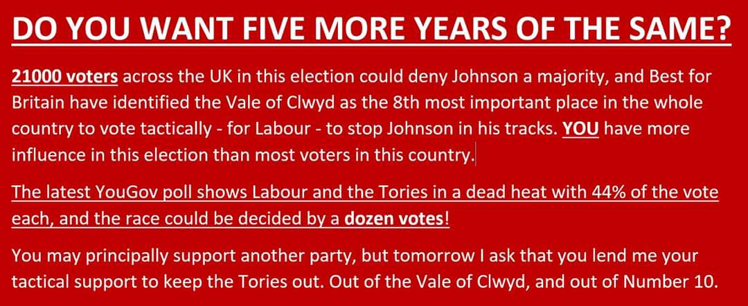 In the most important general election in a generation, a Labour win in the Vale of Clwyd could block Johnson's path to a majority. You have the power and <a href="/BestForBritain/">Best for Britain</a>'s advice is unambiguous.

#VoteChrisRuane
#VoteLabourActually