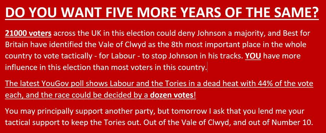 In the most important general election in a generation, a Labour win in the Vale of Clwyd could block Johnson's path to a majority. You have the power and @BestForBritain's advice is unambiguous. #VoteChrisRuane #VoteLabourActually