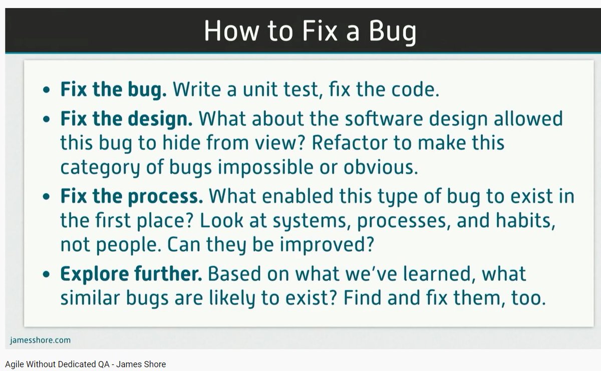 According to @jamesshore , finding & fixing the bug is only the beginning... a slide from his talk 'Agile Without Dedicated QA' at #PNSQC2019
#agile #softwarebugs