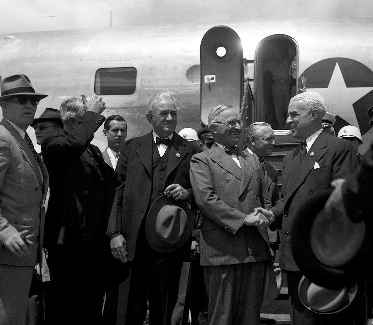 U.S. President Harry S. Truman Is Greeted At The San Francisco Airport By Edward R. Stettinius, Jr. And Senator Tom Connally, Members Of The United States Delegation.