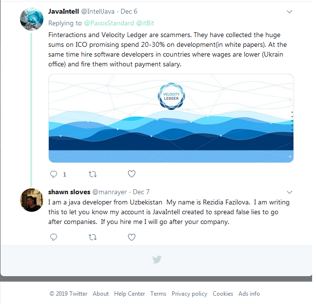 IntellJava's tweet photo. @CSE_News @Empire_Club Shawn Sloves, CEO Finteractions &amp; Velocity Ledger acts as scammer. He created fake accounts.
Fake account with data taken from facebook (unknown person). He confessed himself. https://t.co/PMe7jmCPV8