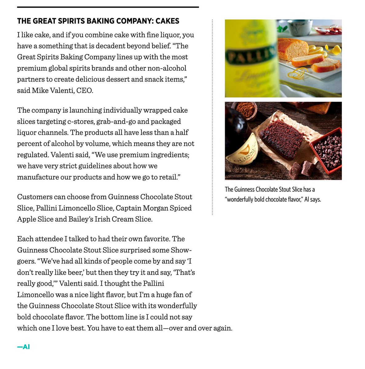 GSBCbakingco's tweet photo. Our slices are making BIG news! The Great Spirits Baking Company was featured in the latest issue of @NACSonline  Guinness Chocolate Stout Cake, Pallini Limoncello Slice Cake, Captain Morgan Spiced Apple Rum Cake &amp; Baileys Irish Cream Cake made an appearance at the2019 #NACSshow https://t.co/b51ubPJwSL