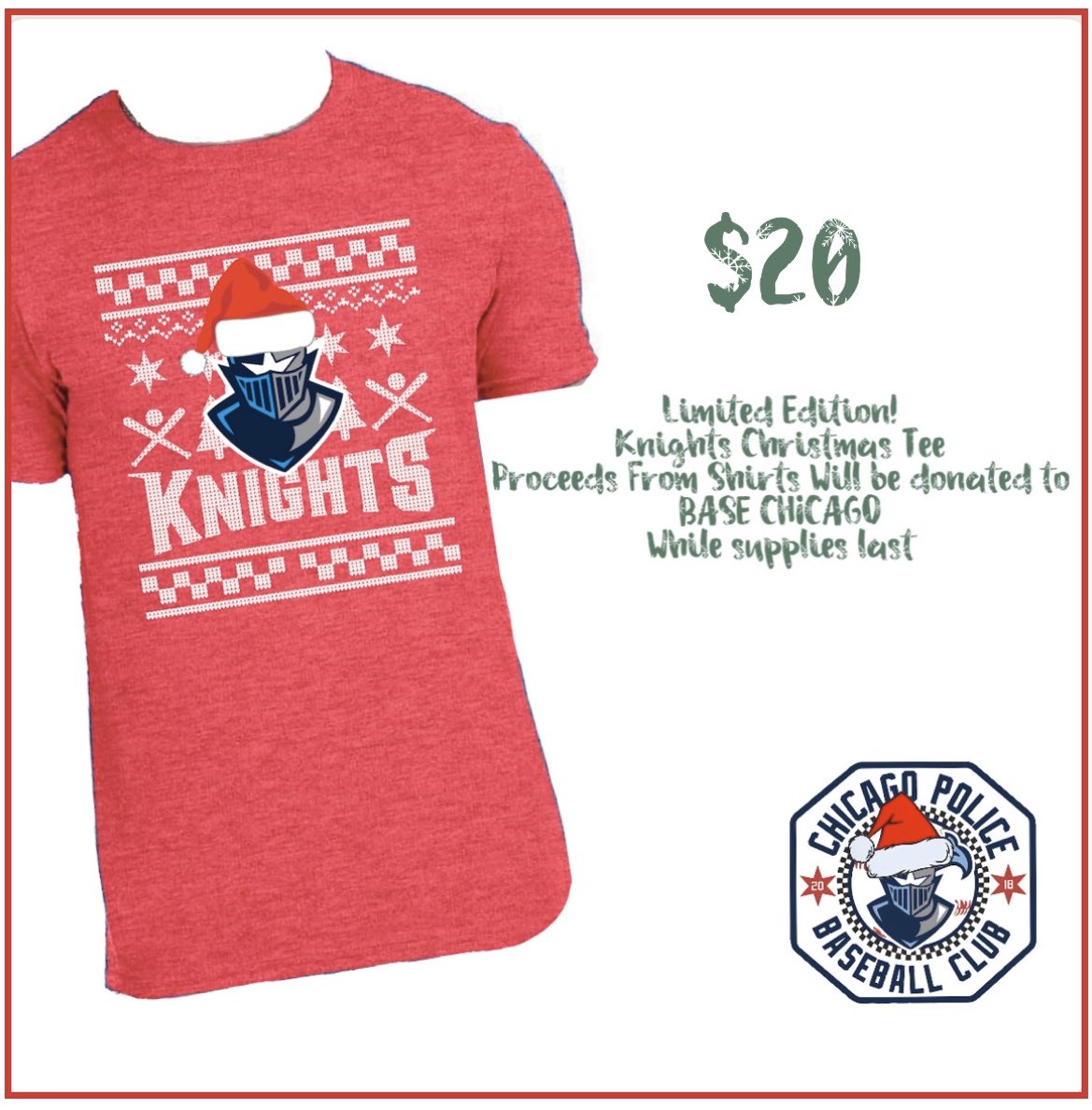 CPDKnights's tweet image. Limited Edition!
Knights Christmas Tee
Proceeds From Shirts Will be donated to The Base Chicago! 
🎅🏼While supplies last🎅🏼
#cpdknightsbaseball #holidayseason