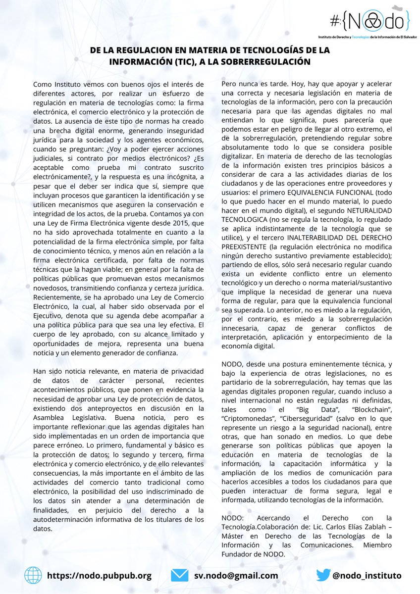 Les compartimos una nota técnica en relación a las regulaciones que giran entorno a las Tecnologías de la Información en nuestro país. Gracias a <a href="/ZablahCarlos/">Carlos Zablah</a> por la colaboración en este artículo. #nodo #Instituto #techlaw