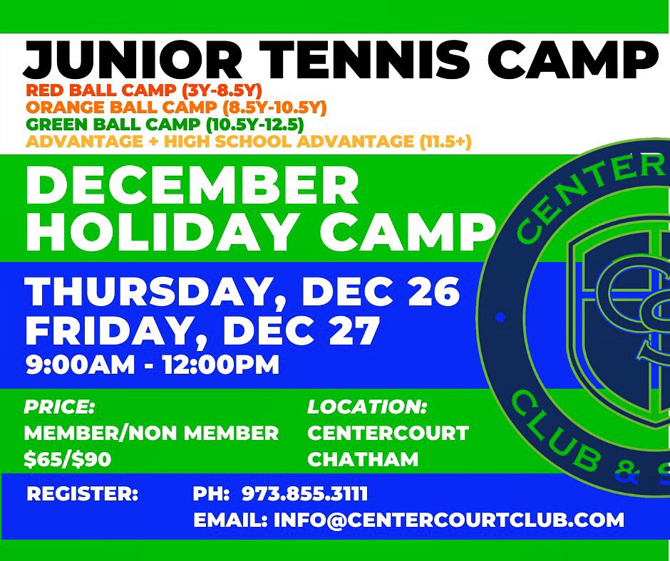 Centercourt Club & Sports (@centercourtcs) on Twitter photo Plans for the kids this holiday season? We’re running our December Holiday Camps! .
Call us at 973. 855.3111 or email us at info@centercourtclub.com. .
You can also go to our website and register online.
bit.ly/JuniorTennisDe… Plans for the kids this holiday season? We’re running our December Holiday Camps! .
Call us at 973. 855.3111 or email us at info@centercourtclub.com. .
You can also go to our website and register online.
bit.ly/JuniorTennisDe…