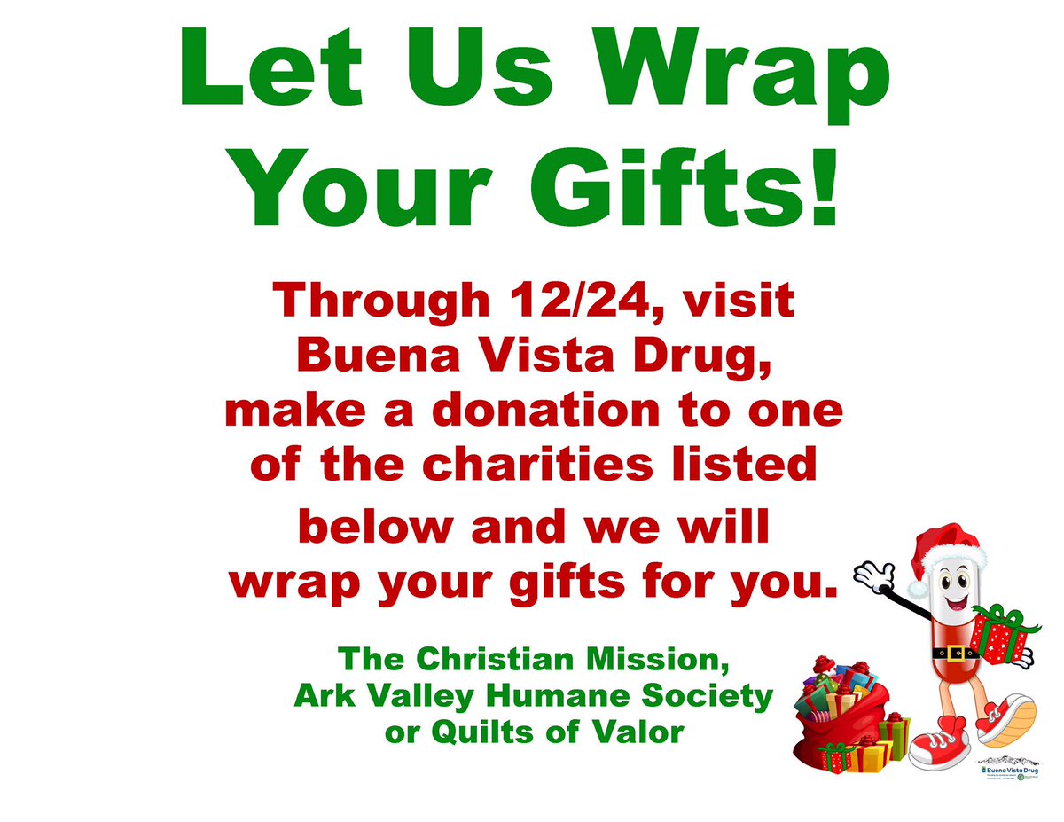 buenavistadrug's tweet photo. Let Buena Vista Drug make your holiday season easier.  
Through 12/24, Buena Vista Drug will wrap ALL of your gifts 🎁 for a donation to one of our local charities.  
#Christmas #happyholidays2019 
#supportlocalcharities  @Matt_Kroschel @BuenaVistaCO https://t.co/i1rxk601XU