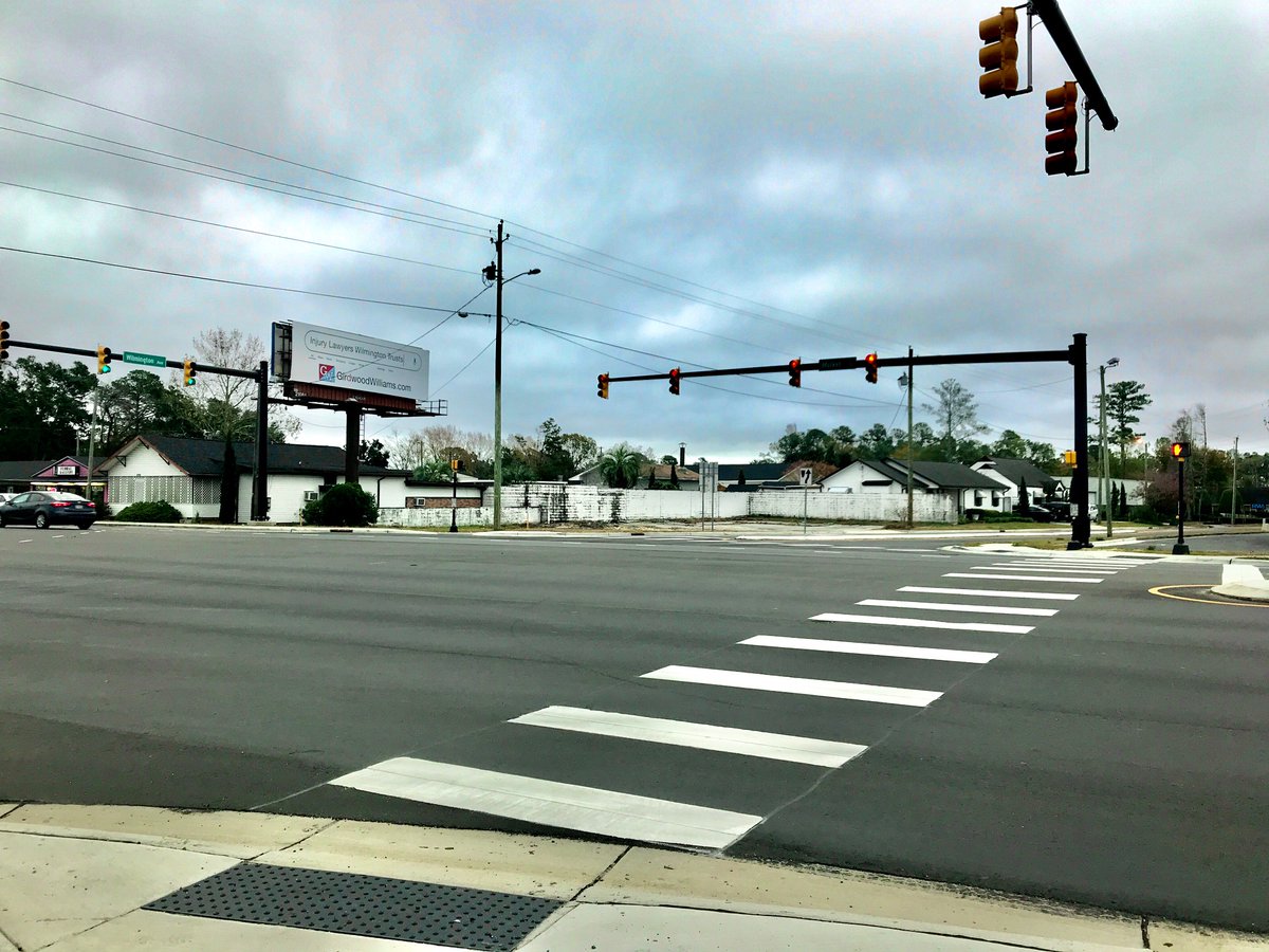 CityofWilm's tweet photo. There are 3 new pedestrian crosswalks across Market St. Located at Birchwood Ave (shown), Kerr Ave, and Cinema Drive, these crossings include pushbutton activated signals and were installed as part of the NC DOT widening of Kerr Ave. #walkableWednesday https://t.co/MTEw3LoDba
