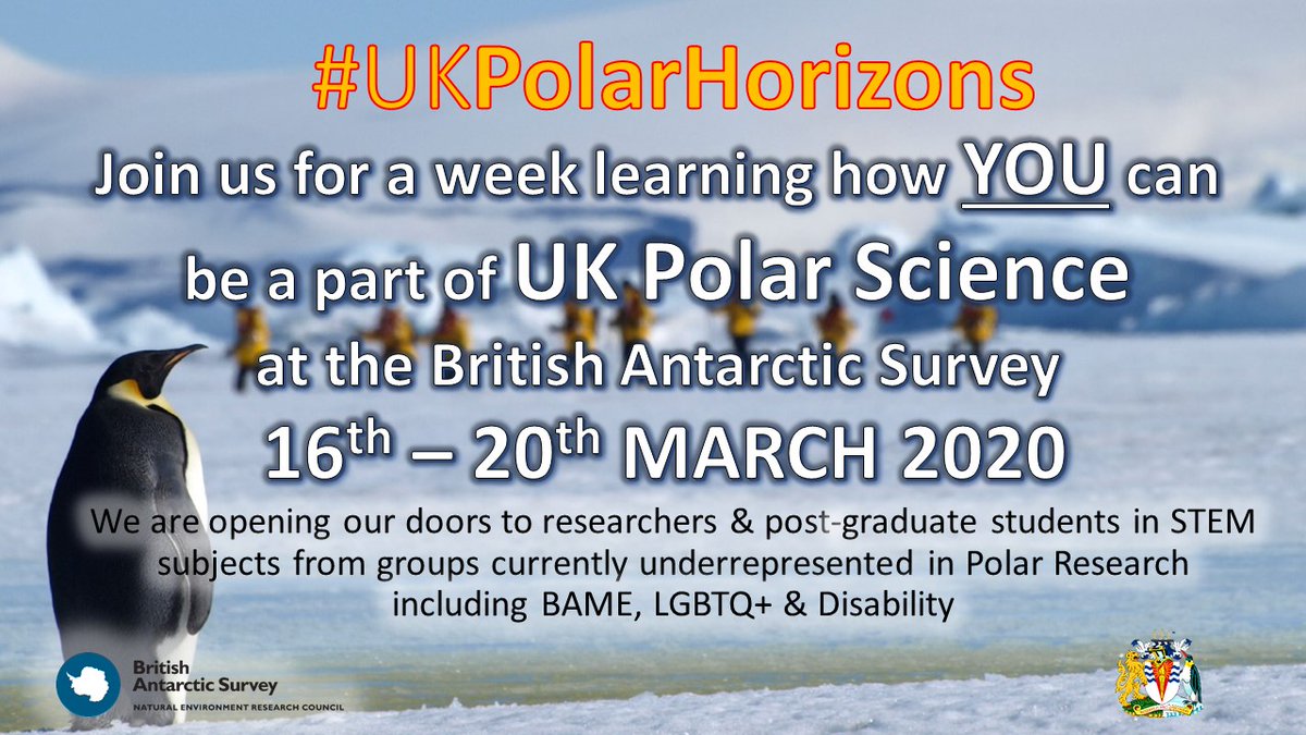 Are you an early career #STEM researcher or student from an underrepresented background (incl. #BAME #LGBTQ+ #disability)?

Apply now to spend a week at BAS in March 2020 &amp; discover what it's like to work in polar science: bit.ly/2YCxpVz