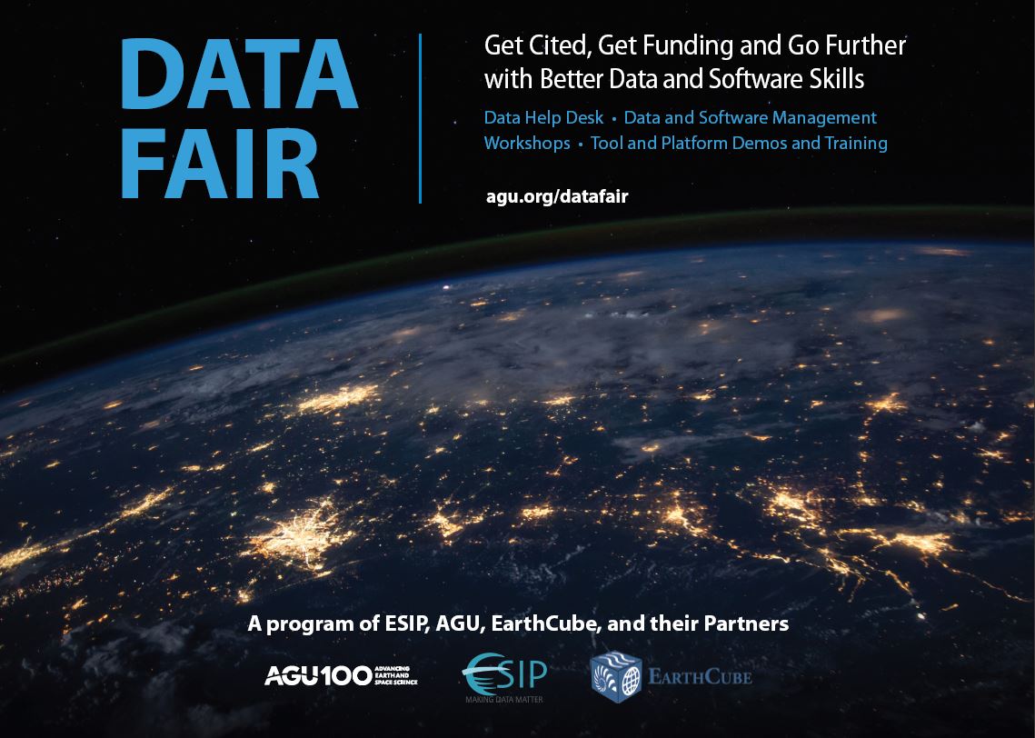 ESIPfed's tweet photo. Join @ESIPFed President @kbene at the #DataHelpDesk #Booth1329 for information on the ESIP Data Management Training Clearinghouse a registry for online learning resources focusing on research data management. #AGU19 @theAGU https://t.co/TN5DKCcMpa