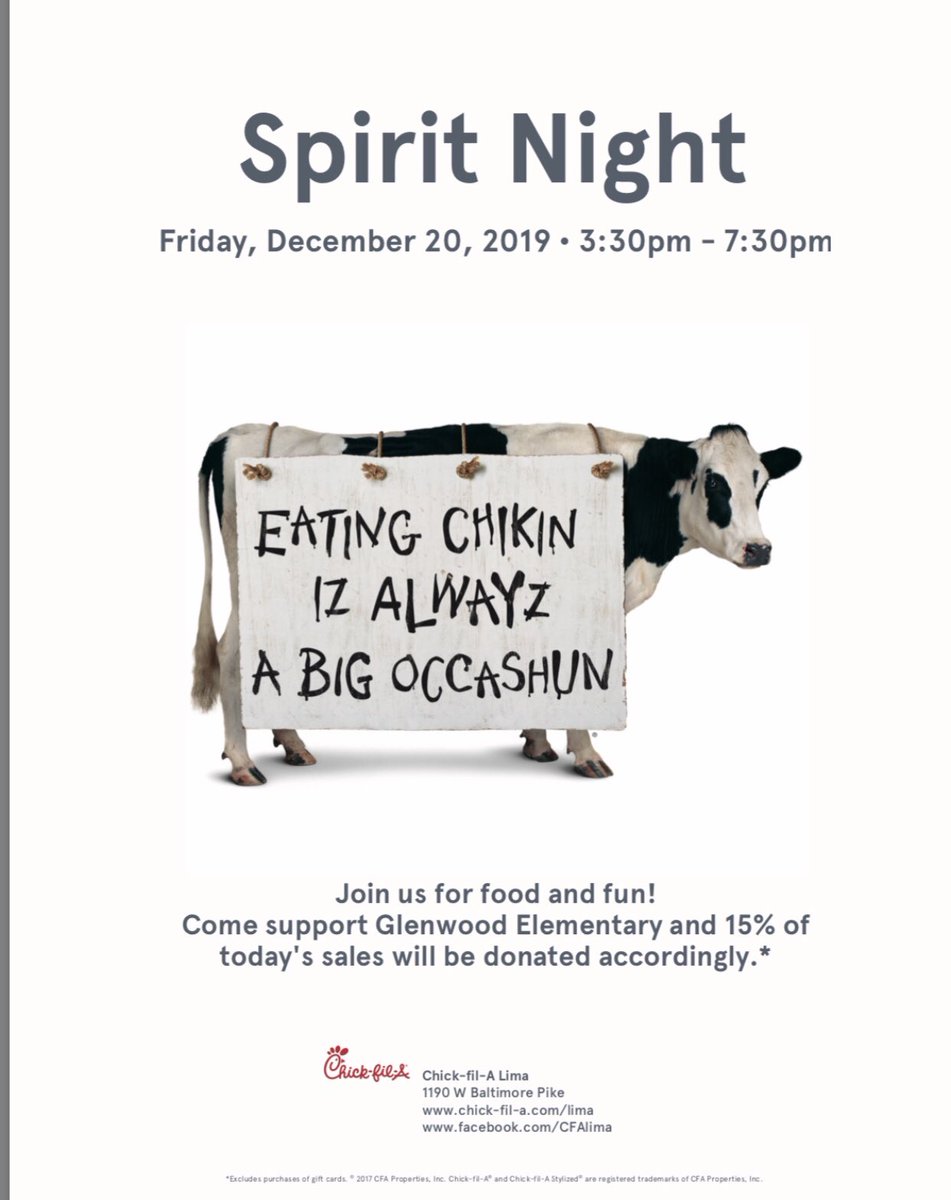 Join us Friday, Dec. 20th, after the sing-a-long, at Chic-fil-a Lima! Mention Glenwood at either dine in or drive thru and PTG gets 15% back! Special performance by Glenwood’s Select Chorus at 6pm. Happy holidays! ❄️ 🦁