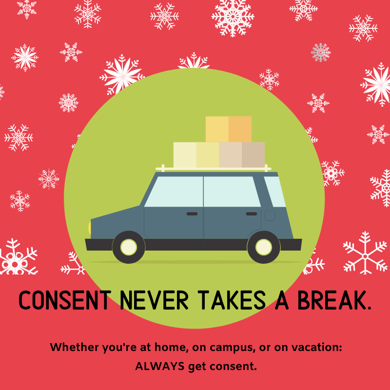 TitleIXatOKCU's tweet photo. The holidays are here, and winter break is just around the corner! Make this break a safe one—remember that whether you're at home, on campus, or on vacation, ALWAYS get consent. https://t.co/1vTXWc92Hx